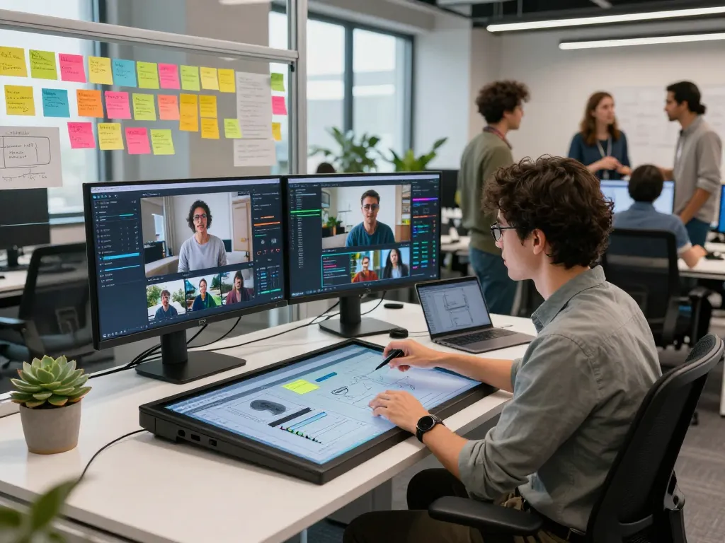 AI image of a video to prompt workspace with developers analyzing video data using advanced technology