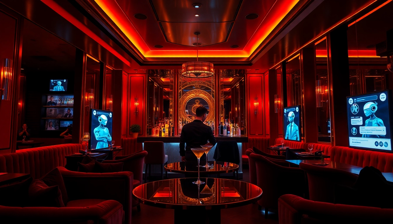 Engaging scene of a spicy AI-themed lounge bar with interactive chatbots.