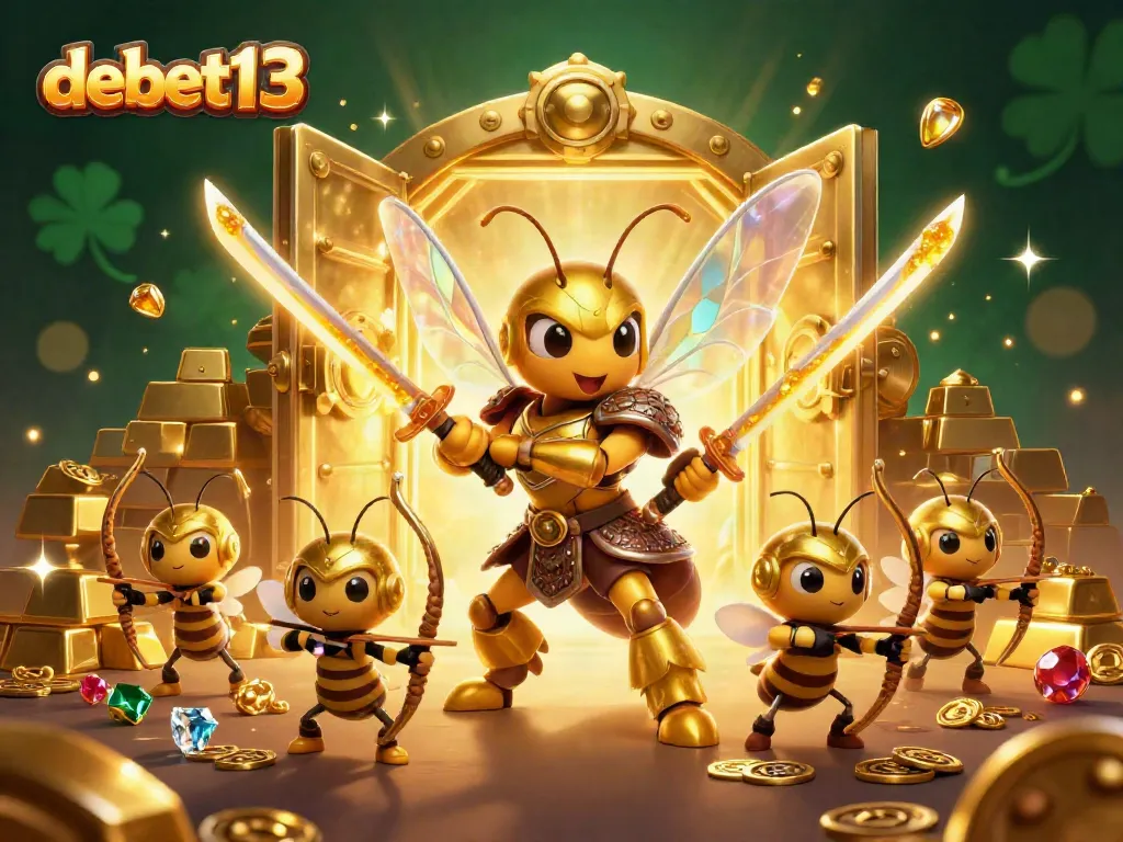 Experience dynamic gameplay with debet13, featuring a golden hornet samurai leading joyful bee archers in a vibrant treasure scene.