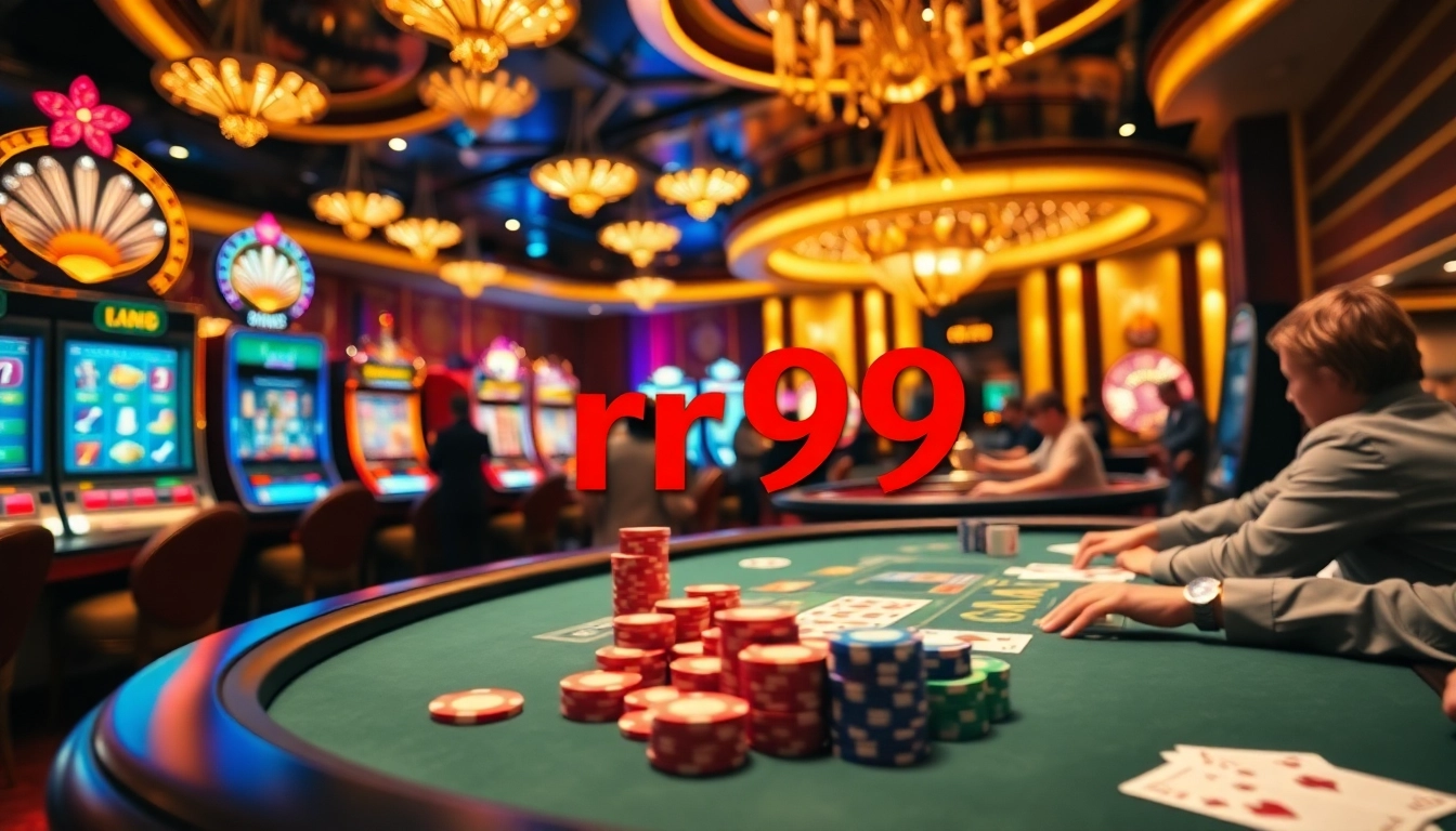 Engaging poker scene with rr99 betting chips, glamorous tables, and vibrant casino lights.