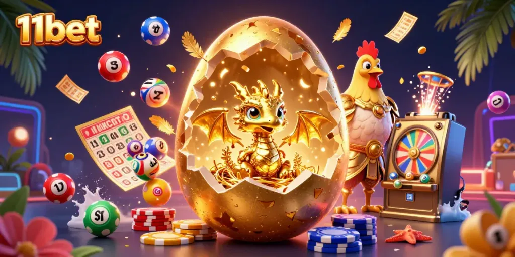 Experience thrilling gameplay with 11bet’s colorful lottery and casino elements in a magical scene.