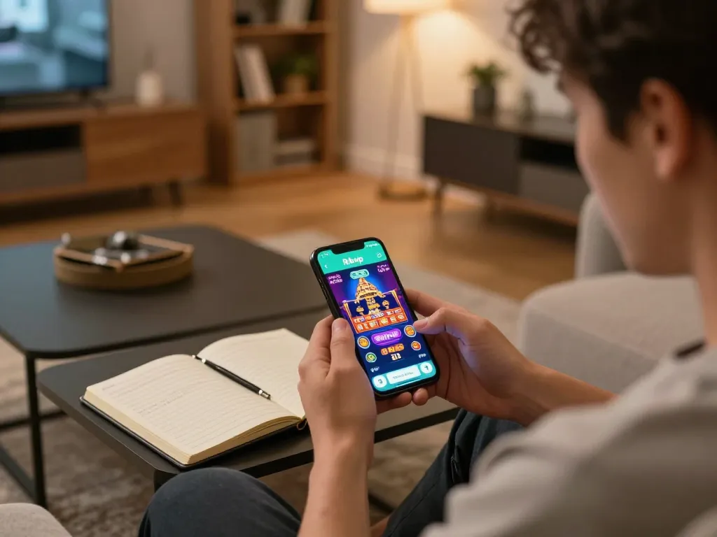 Player exploring the Rikvip app on their smartphone while strategizing for online gambling