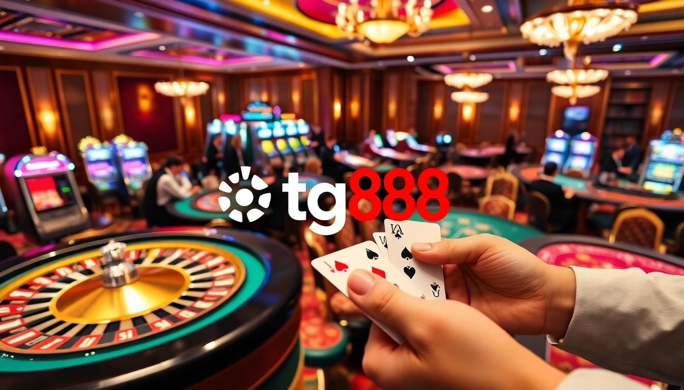 Tg88 branding highlighted in a luxurious casino scene with cards and chips.