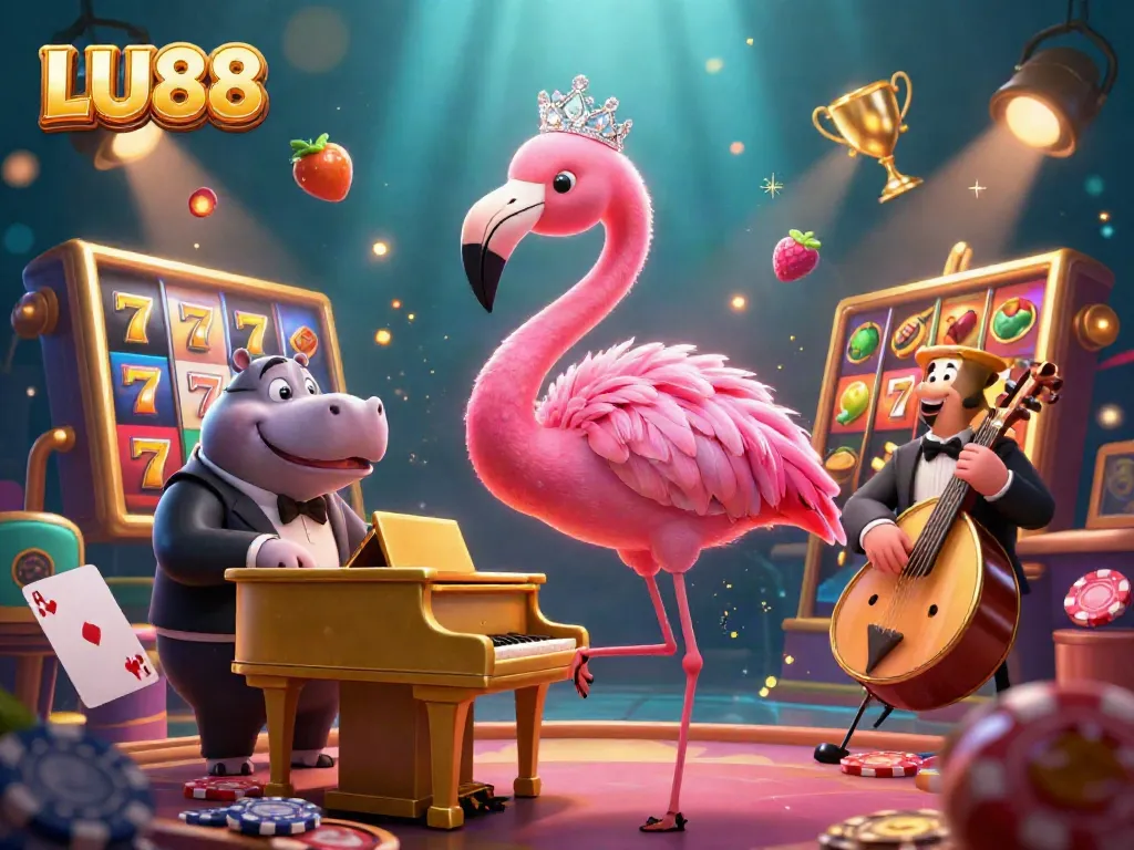 Experience LU88 casino excitement with vibrant scenes featuring a flamingo singer and hippo bassist.