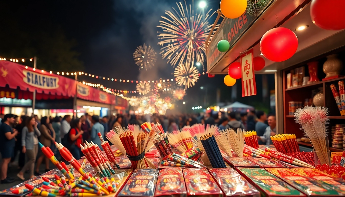 Exciting array of fireworks for sale showcased at a vibrant outdoor festival.