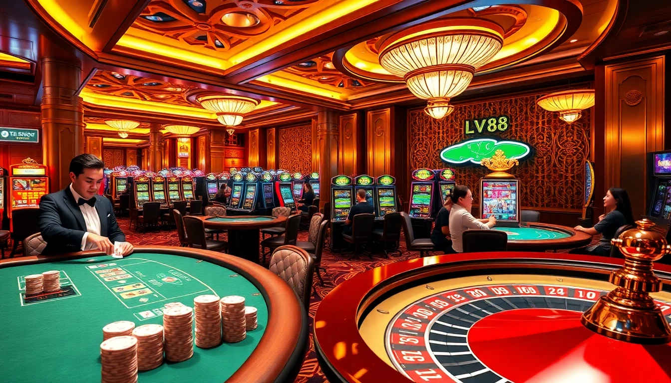 Experience the excitement of LV88 with vibrant poker tables and luxury casino atmosphere.