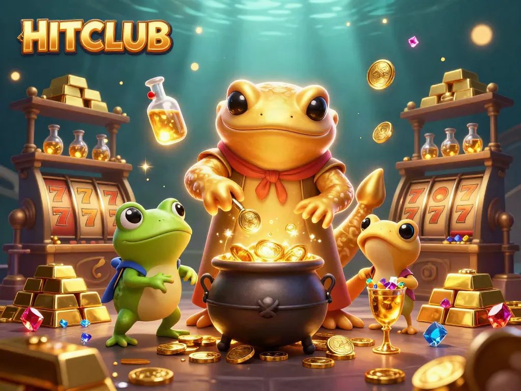 Experience HITCLUB with golden treasures and exciting slot action in this vibrant illustration.