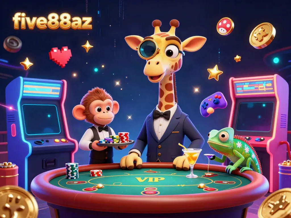 Experience vibrant gaming action with five88az at a lively casino scene with animated characters.