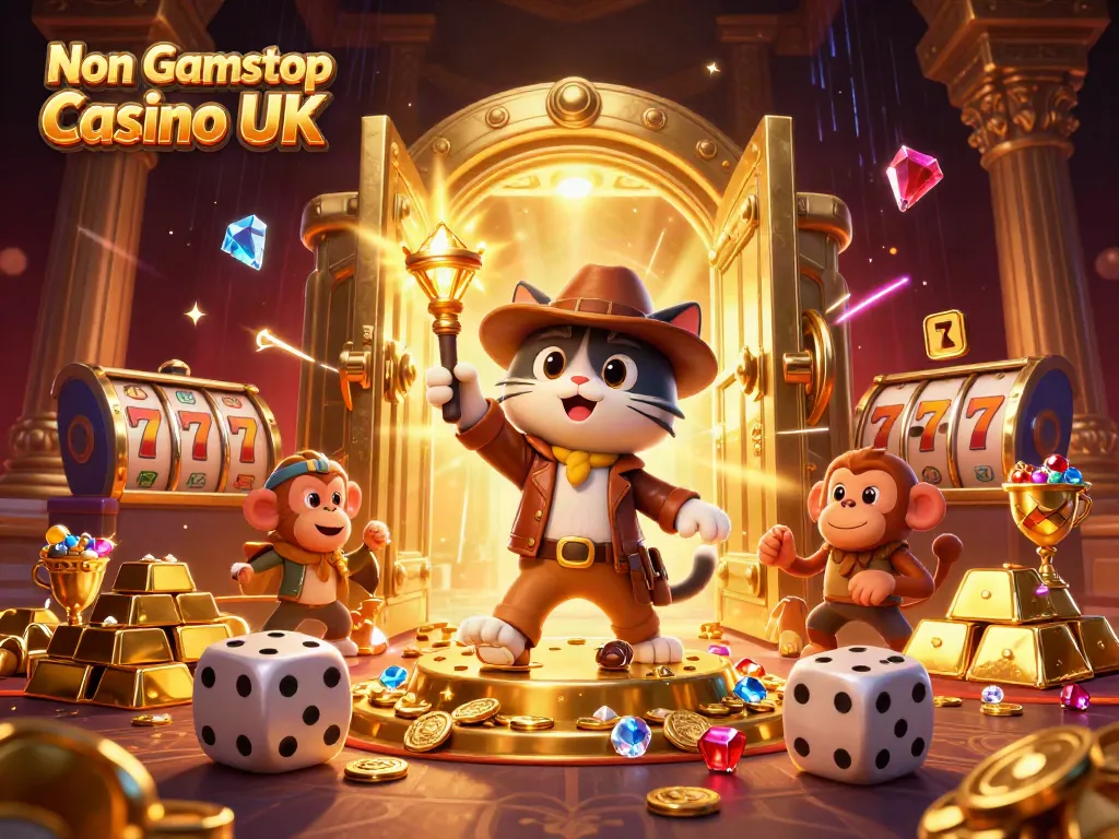 Cat explorer unearthing treasures at a Non Gamstop Casino UK adventure site, with vibrant gems and slot elements.
