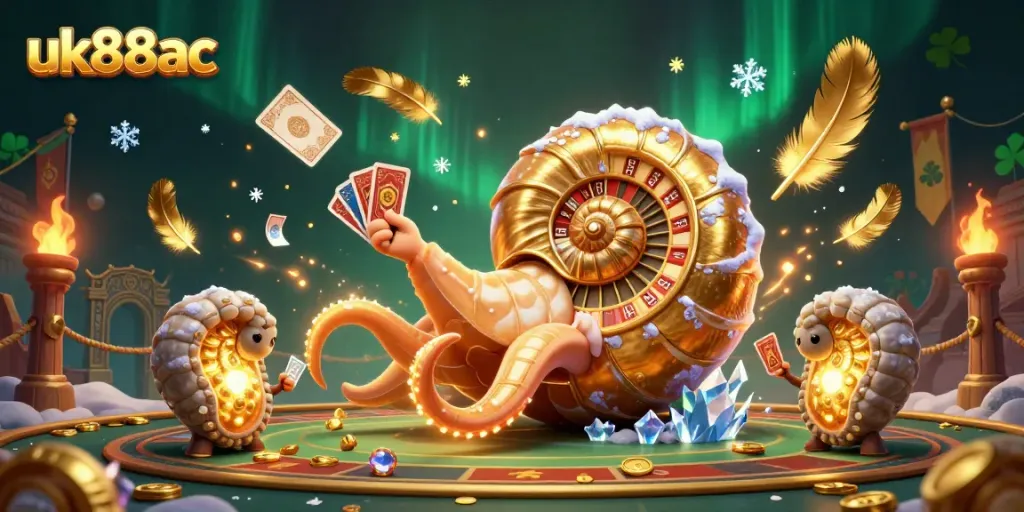 Play exciting games at uk88ac with vibrant nautilus and glowing ammonites in a casino-themed illustration.