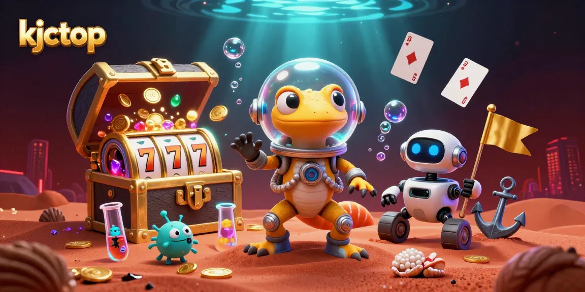 Experience the thrilling adventure of kjctop with a Martian gecko, golden casino, and vibrant gaming elements.