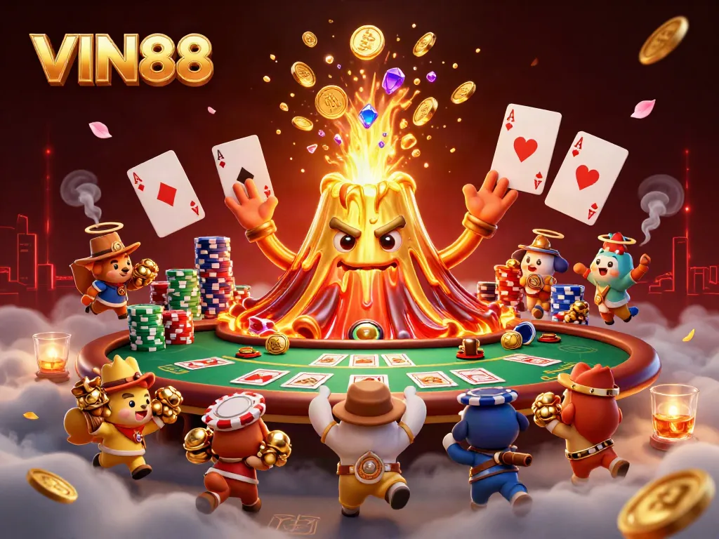 Experience thrilling action at VIN88 with a triumphant volcano erupting coins and treasures in a lively casino scene.