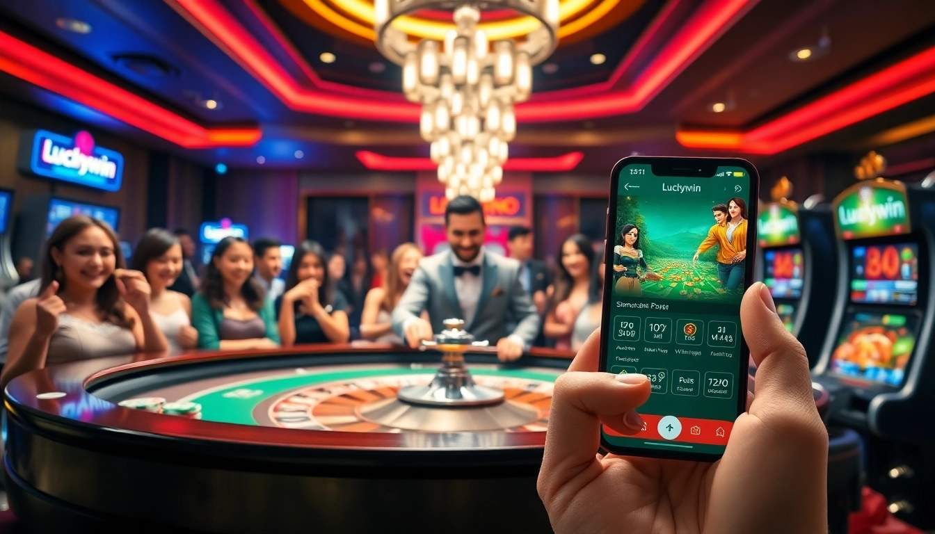 Luckywin casino scene featuring players engaged with slot machines and a roulette table.