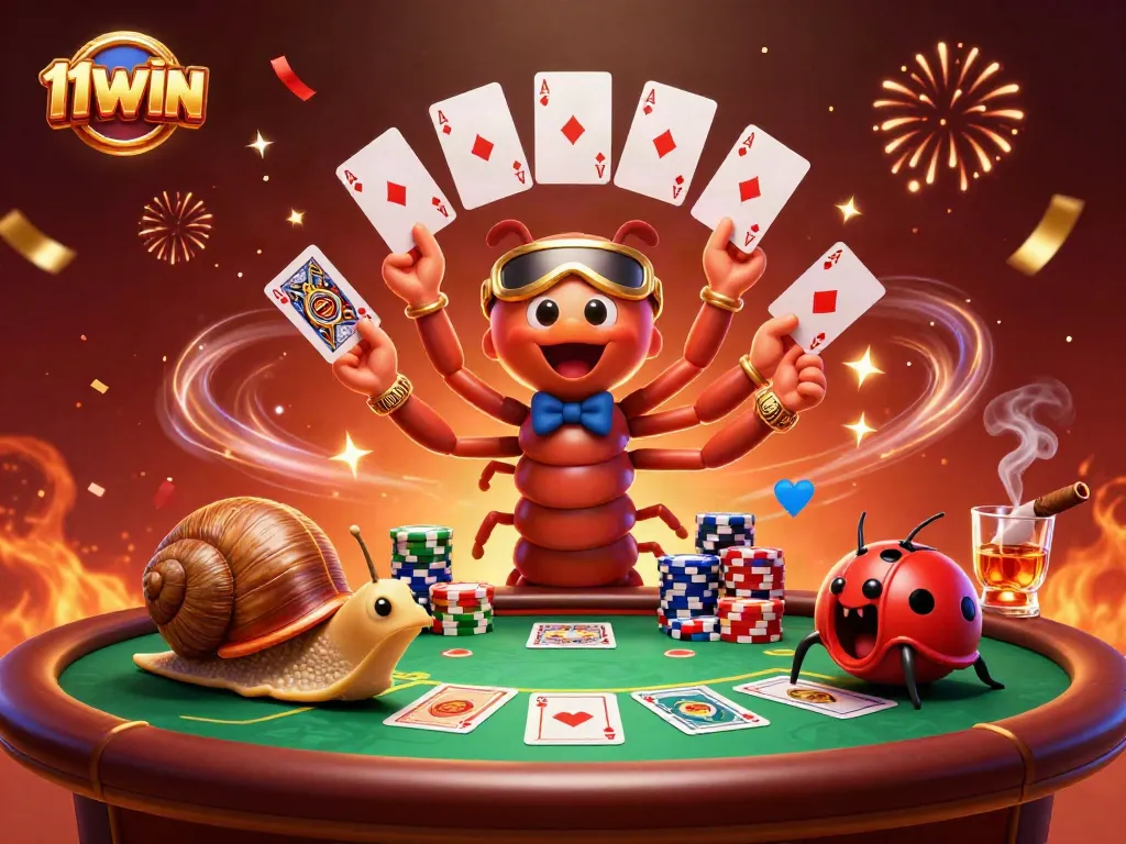 Experience the thrill of 11WIN with a vibrant casino scene showcasing a millipede dealer and high-roller snail.