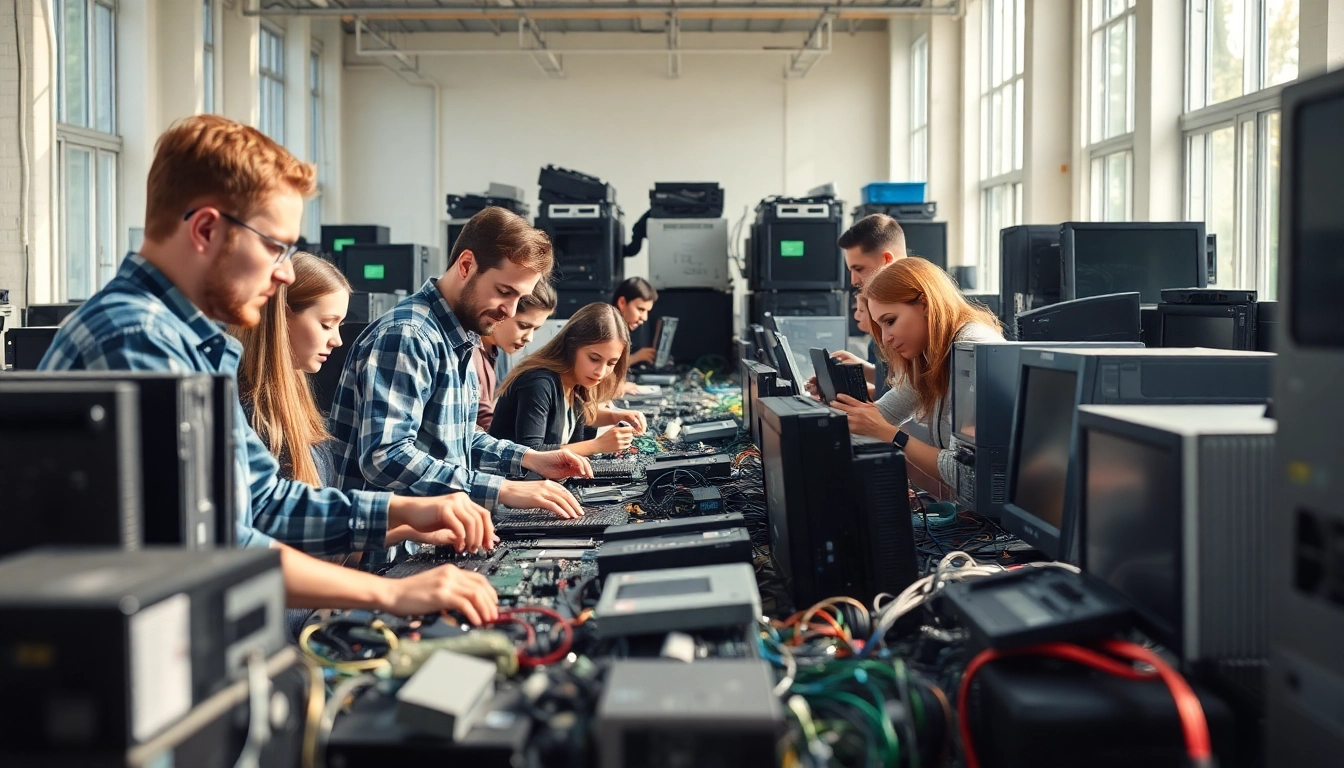Engaging scene of free computer recycling, showcasing individuals recycling electronic devices in an eco-friendly facility.