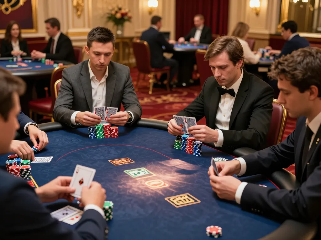 UU88 poker players strategizing a winning hand at a high-stakes table in a luxurious casino
