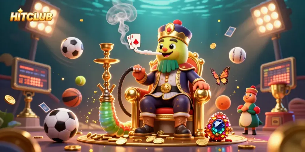 Join HITCLUB's exciting world as the hookah-master entertains with poker symbols in a vibrant casino.
