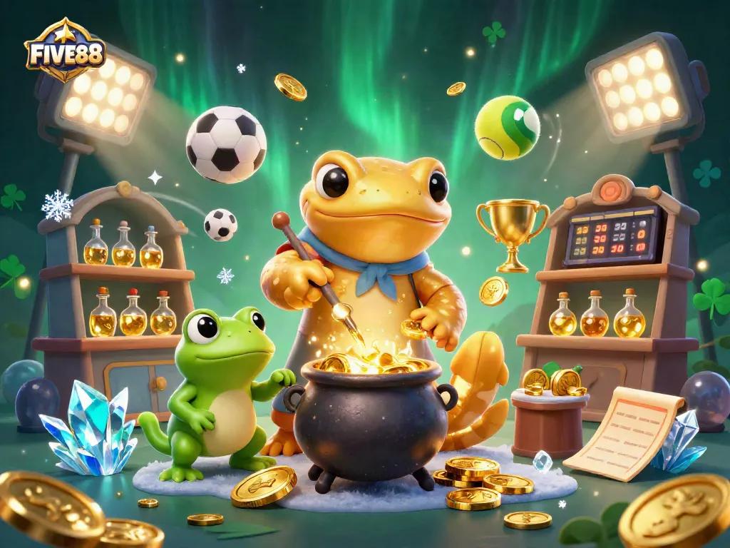 Experience the excitement of FIVE88 as golden coins and sports elements come alive in this dynamic casino scene.