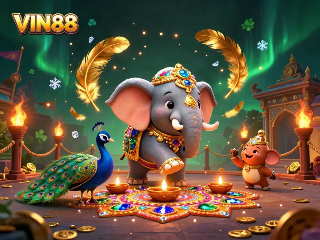 Experience epic betting at VIN88 with a 3D Diwali-themed elephant, showcasing vibrant casino elements.