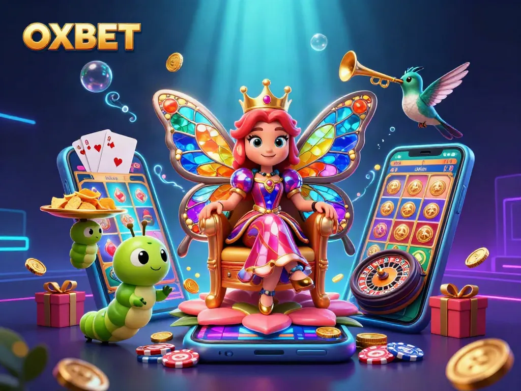 Engage with OXBET's vibrant 3D scene featuring colorful slot games and a butterfly queen.
