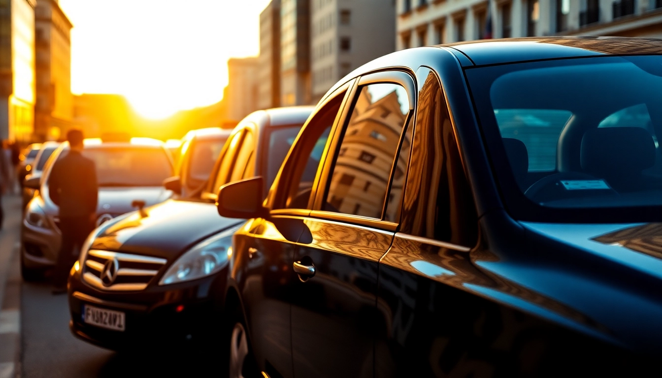 Minicabs parked on a busy urban street during sunset, showcasing variety and urban mobility.