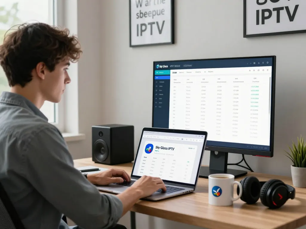 Managing subscriptions with the Sky Glass IPTV Reseller Panel in a modern home office, showcasing entrepreneurial spirit and digital innovation.