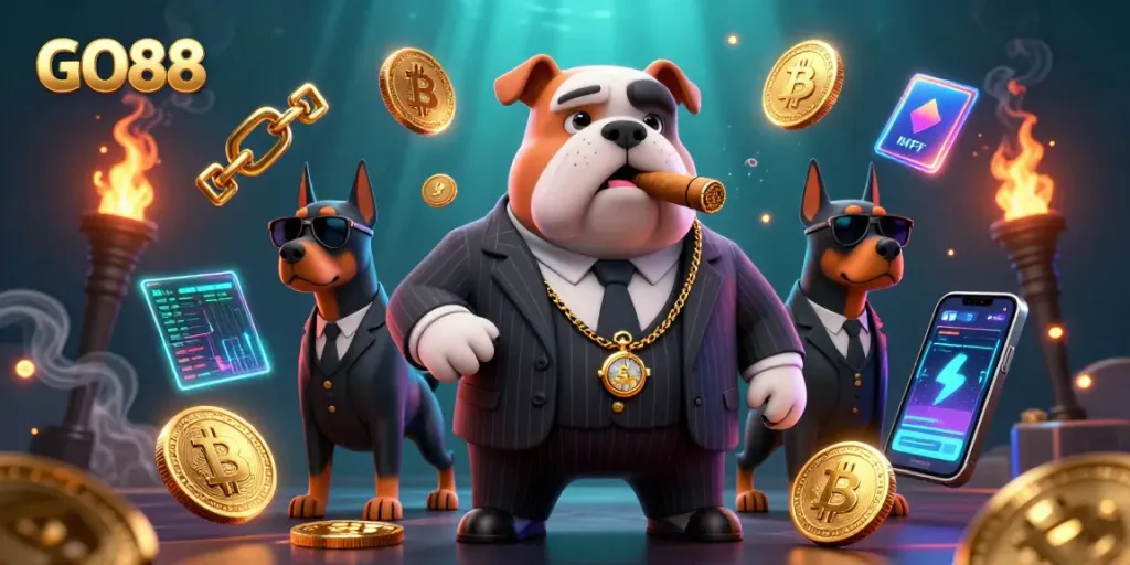 Experience the excitement of GO88 with a vibrant 3D mafia scene showcasing crypto elements and dynamic casino graphics.