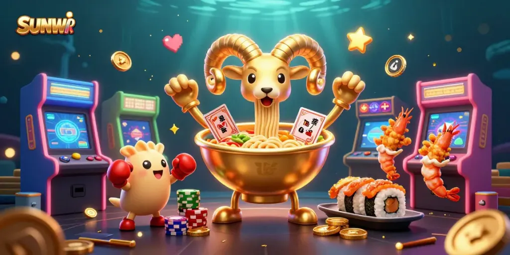 SUNWIN features a vibrant 3D scene with a giant ramen bowl character stacking chips amidst arcade games, enhancing gaming excitement.