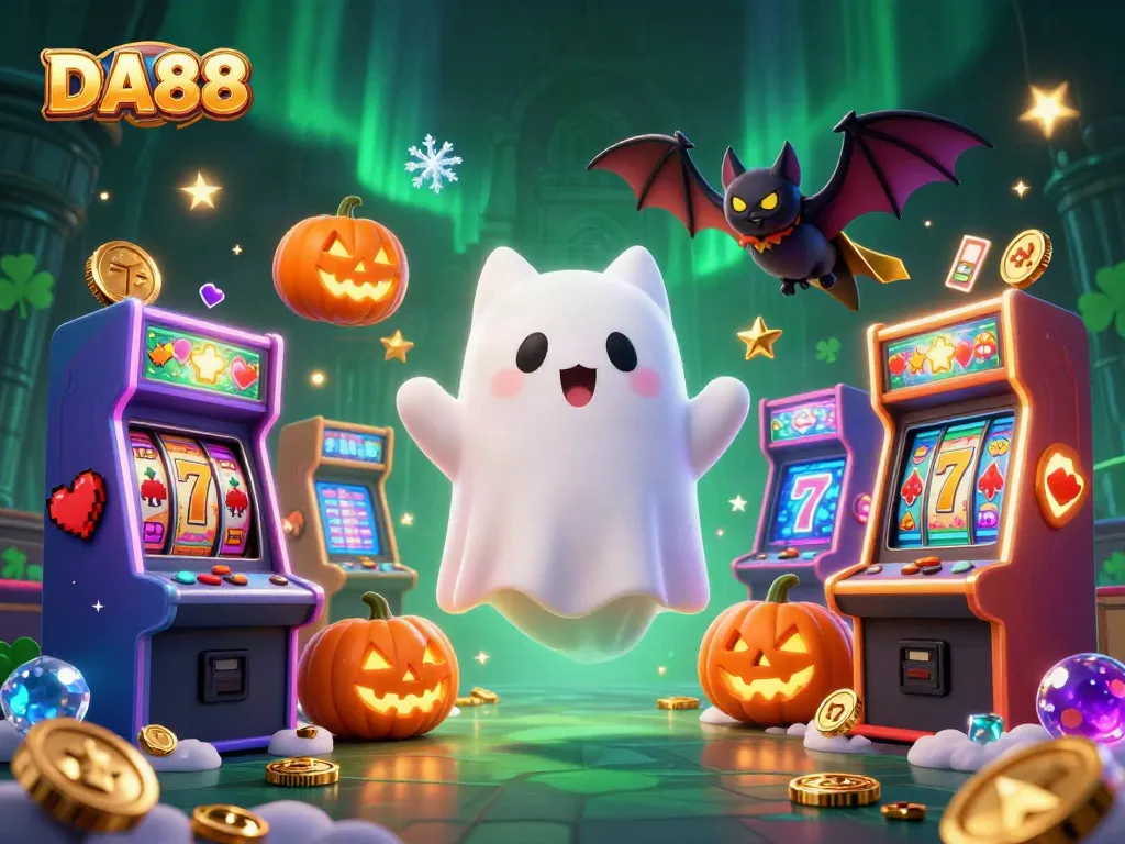 Engage with DA88 at a haunted casino featuring a friendly ghost cat and vibrant slot machines