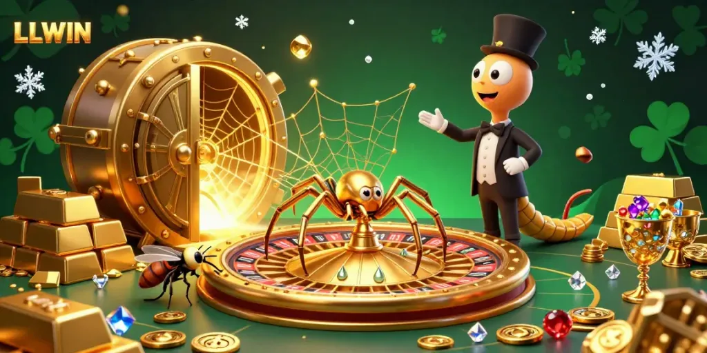 LLWIN's exciting 3D illustration of a spider and centipede in a casino-themed scene filled with gold and jewels.