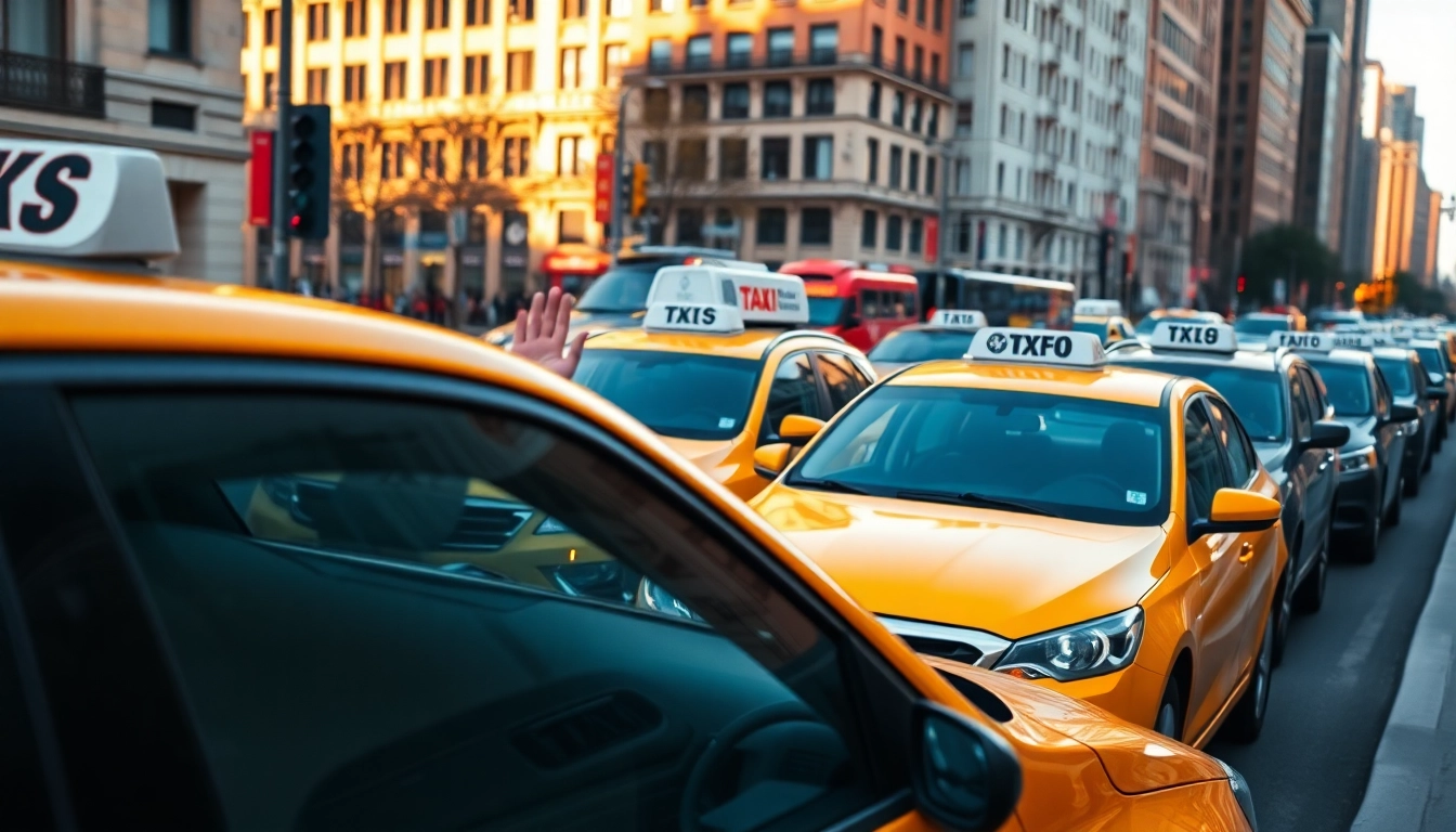 Cabs navigating a lively urban environment with a busy street scene.