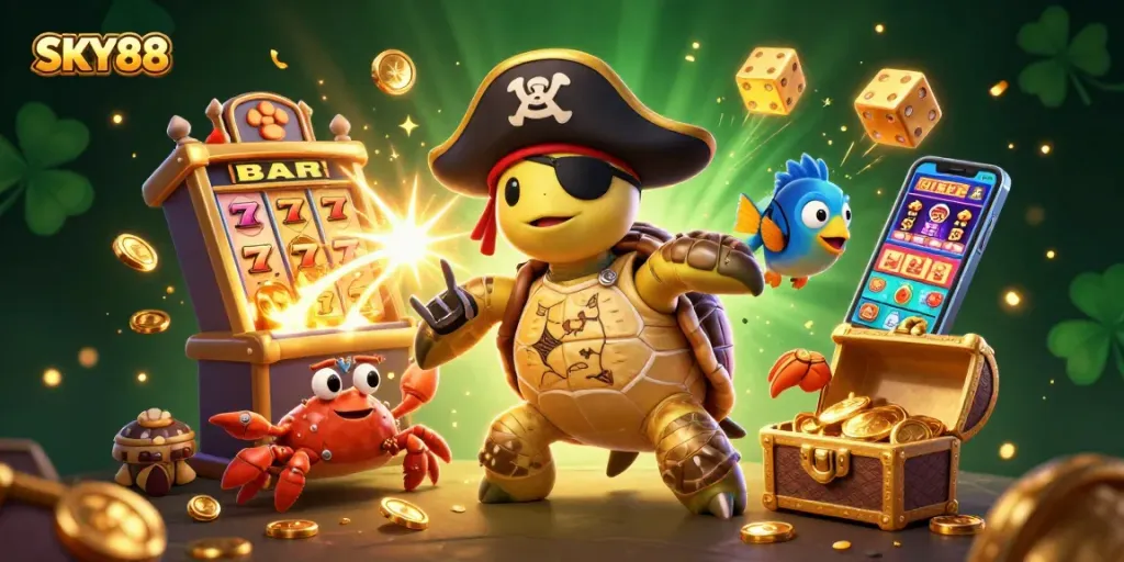 Experience thrilling gambling action with SKY88's vibrant casino scene featuring a pirate turtle and a hermit crab.