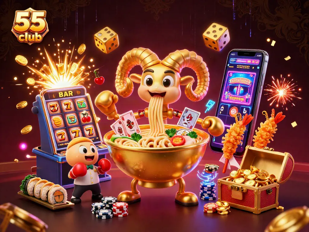 Engage in dynamic gaming with the 55 club, showcasing a whimsical casino world full of excitement.