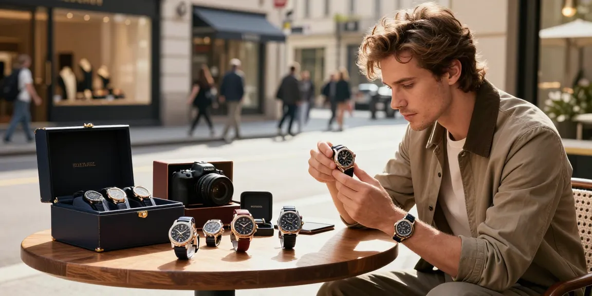 Admiring super clone watches in an elegant urban setting with luxury details and warm lighting.