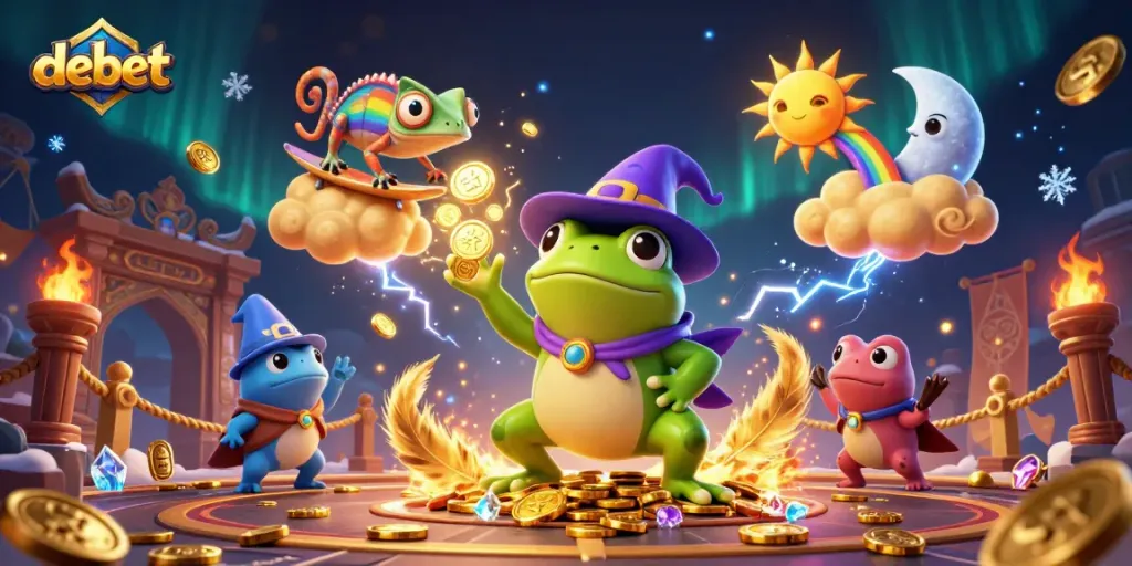 Experience debet's thrilling gaming world with a magical scene of vibrant characters and dynamic casino elements.