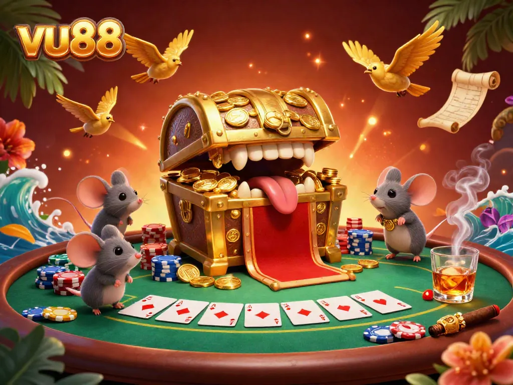 Engage with the thrilling world of vu88 as adventurer mice are drawn to a treasure chest amid a vibrant casino scene.