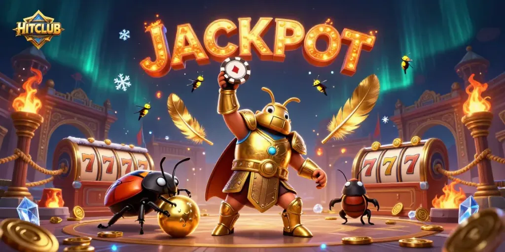 Experience the thrill of HITCLUB as a cartoon beetle lifts a poker chip, celebrating a big win!