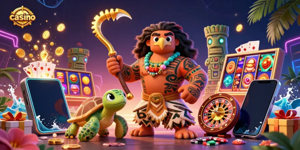 Experience vibrant casino excitement with a cute turtle and a demigod in a colorful scene.