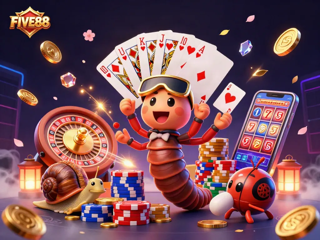 Experience luck and excitement with FIVE88’s vibrant casino scene featuring a cartoon millipede dealer, high-roller snail, and dynamic game elements.