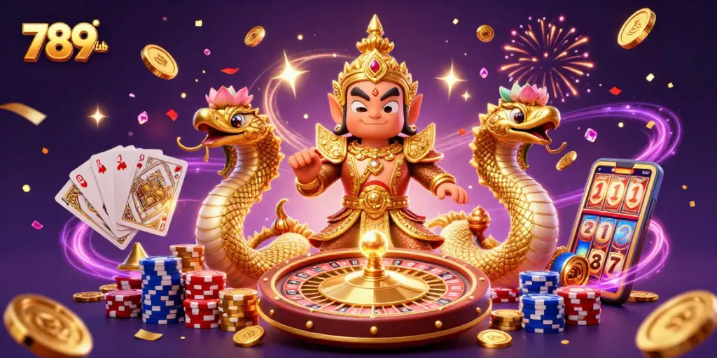 Experience the vibrant world of 789club with 3D characters, dynamic gaming elements, and sparkling treasures.