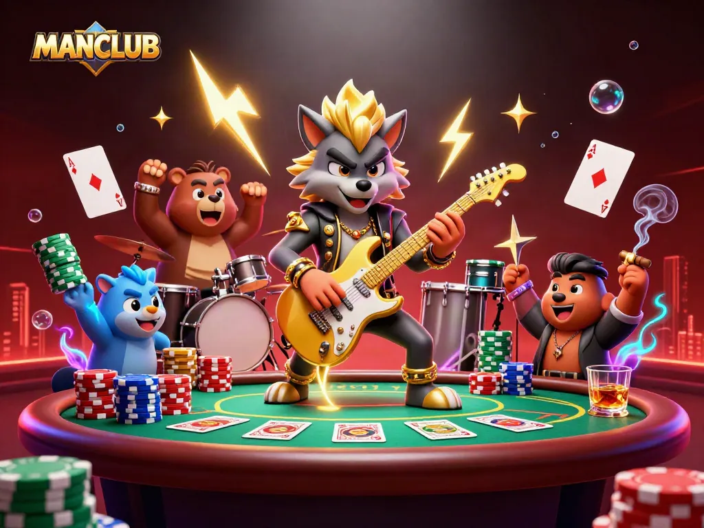 Join the action at MANCLUB casino, where a rock star wolf electrifies the stage surrounded by poker excitement.