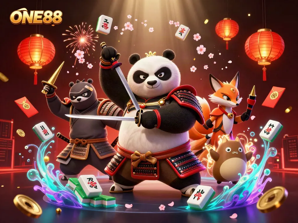Experience the thrill of ONE88 with samurai panda and ninja fox in a vibrant 3D casino world.