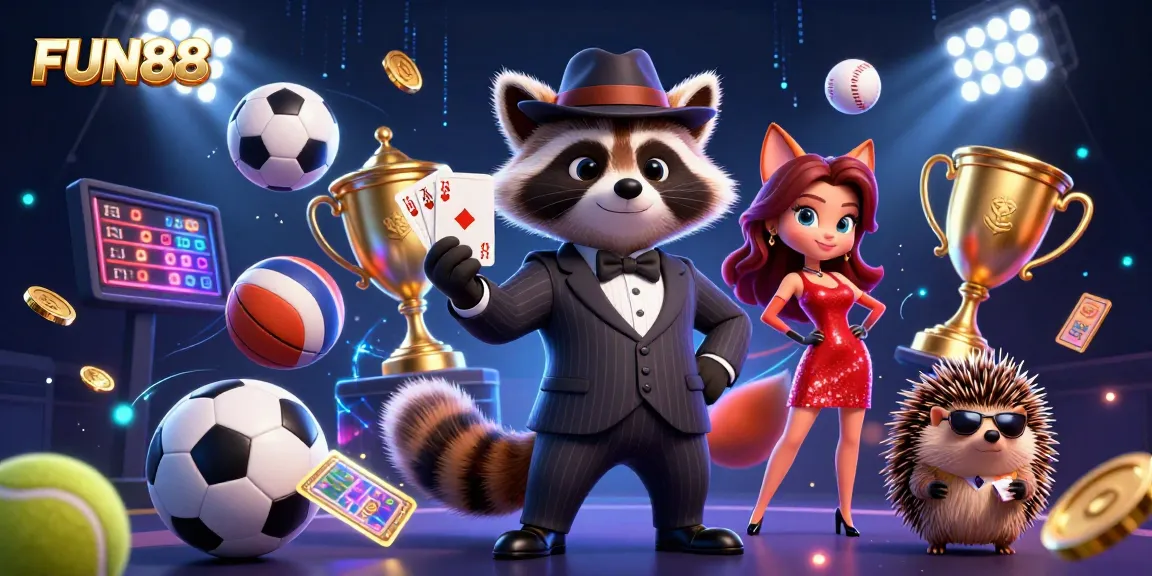 Experience excitement at FUN88, featuring a stylish raccoon with a royal flush and dynamic sports elements.