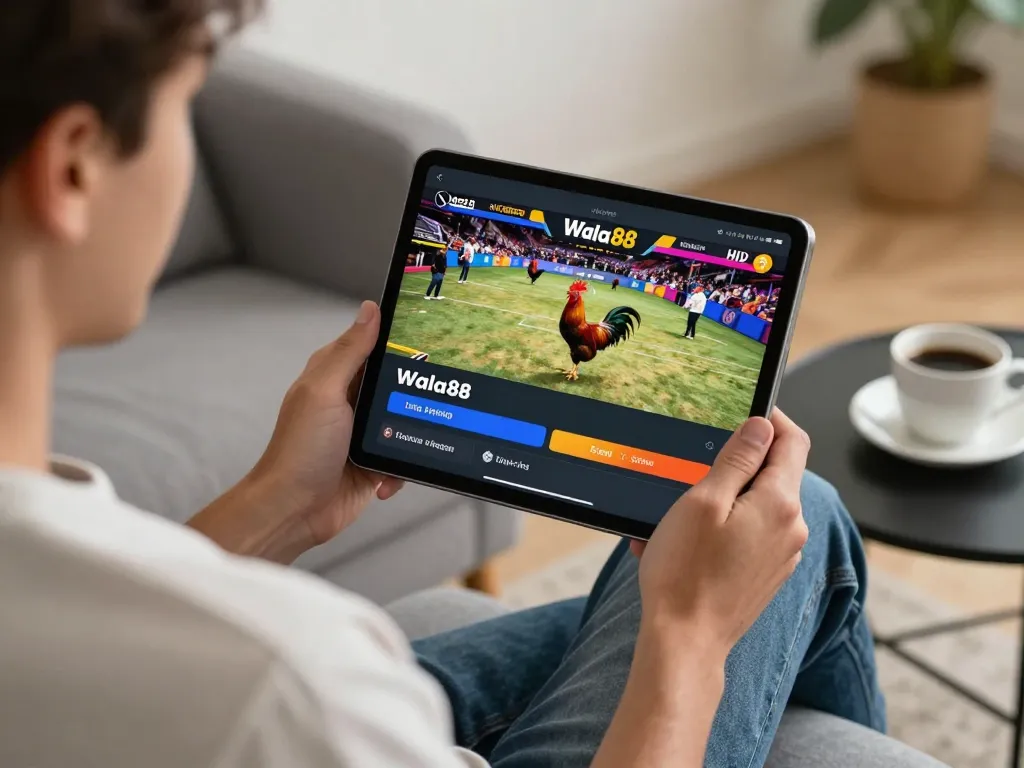 Engaging scene of Wala88 link on tablet screen, showcasing live rooster fights for betting