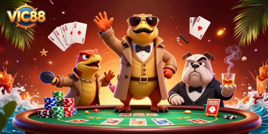 VIC88 raptors humorously trying to sneak into a casino with poker elements.