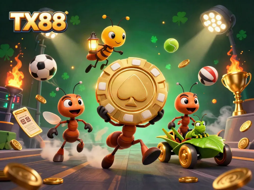 TX88 showcases ants on a heist with golden chips, surrounded by vibrant sports elements.