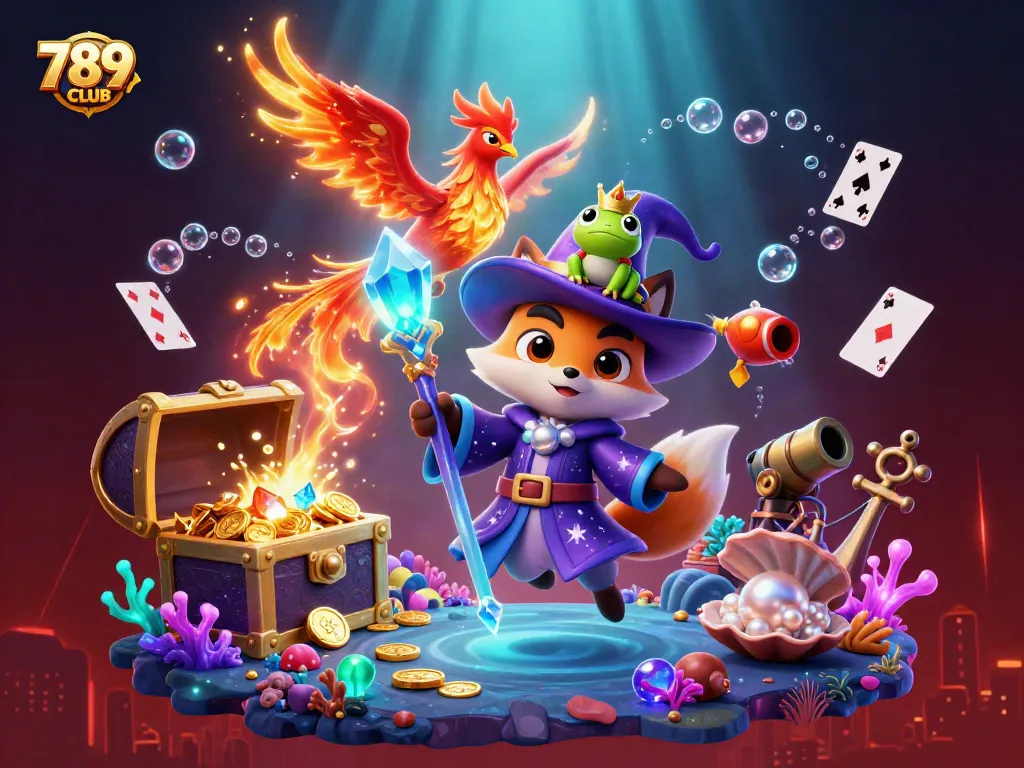 Play games with 789CLUB's mystical characters in a packed casino scene with treasure.