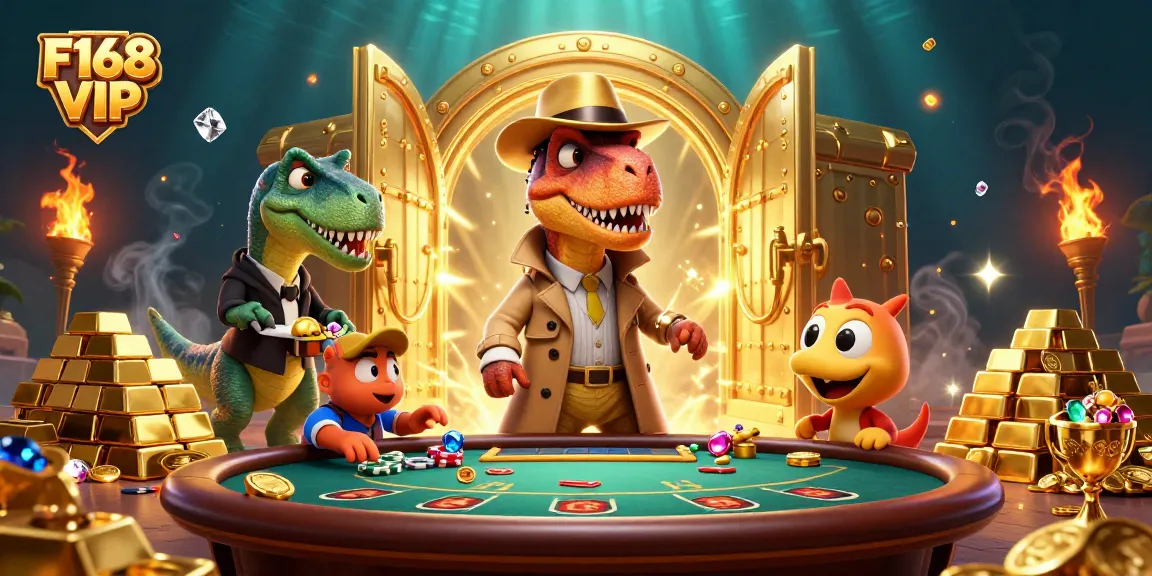 Experience F168 VIP's vibrant gaming world with our 3D illustration of unique characters and casino excitement.