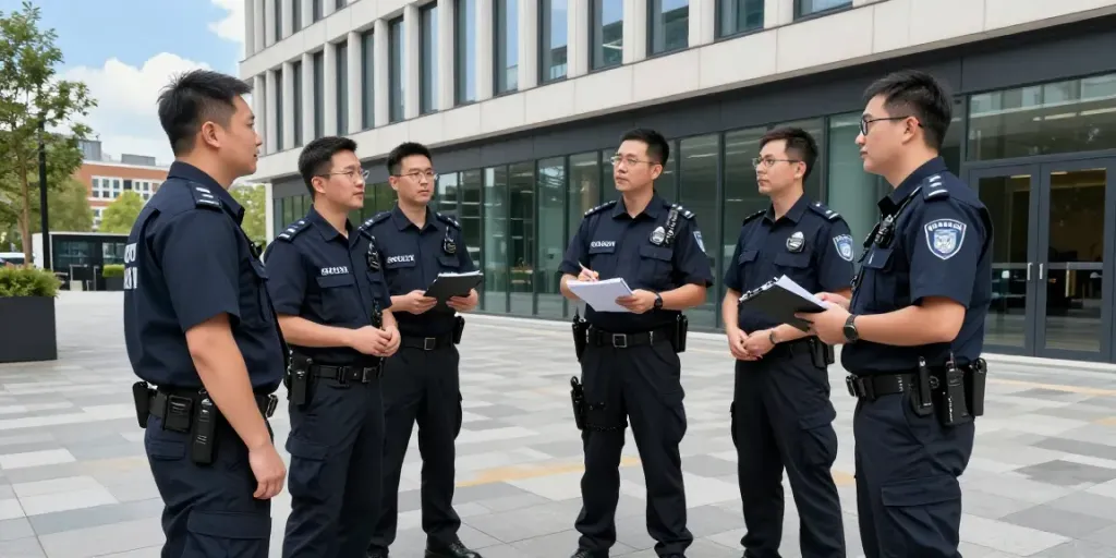 Security Company staff performing a site survey for local business protection.