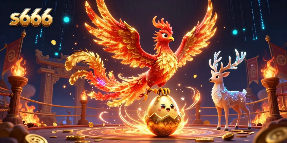 Engage in thrilling s666 casino action featuring dynamic phoenix and mystical stag in vibrant illustration